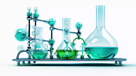 Laboratory Bench with Colorful Chemical Bulbs and Tubesの素材