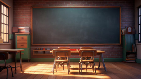 Empty Classroom Background with Chalkboard. Tables and seats on wooden floor. Education and Back to school concept. Architecture interior.の素材