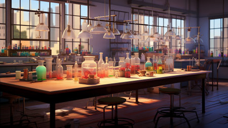 Laboratory Bench with Colorful Chemical Bulbs and Tubesの素材