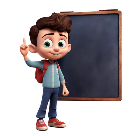 Cartoon Boy Standing in Front of Blackboardの素材