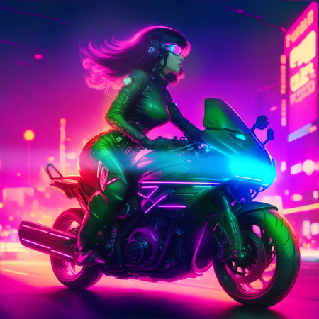 Cyberpunk Girl on Motorbike Blurred Neon City Backgroundの素材