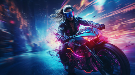 Cyberpunk Girl on Motorbike Blurred Neon City Backgroundの素材