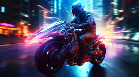 Cyberpunk Girl on Motorbike Blurred Neon City Backgroundの素材