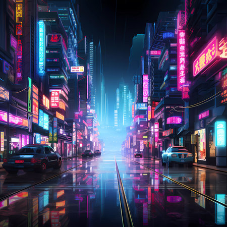 Cyberpunk Retro Futuristic City with Neon Lightsの素材