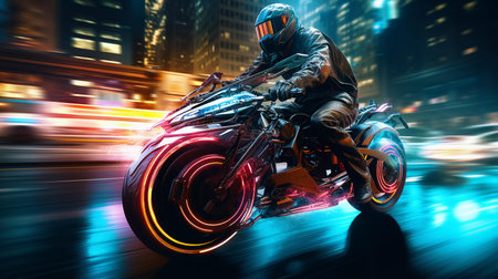 Cyberpunk Motorbike Driver Blurred Neon City Backgroundの素材