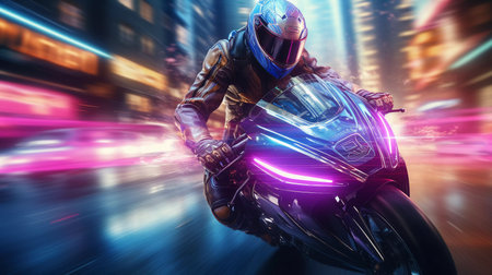 Cyberpunk Motorbike Driver Blurred Neon City Backgroundの素材
