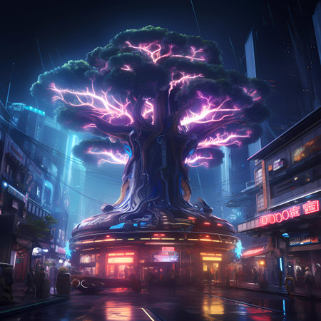 Cyberpunk Retro Futuristic Tree with Neon Lightsの素材