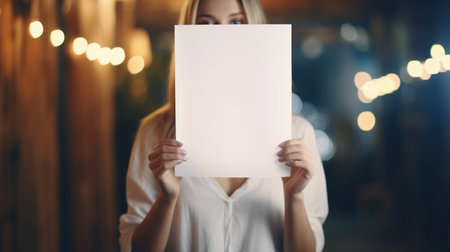 Adult Woman Shows a White Sheet of Paper on a Blurred Backgroundの素材