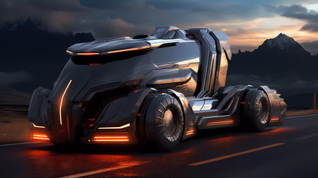 Futuristic Electric Truck Concept Illustration on Highwayの素材