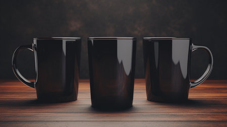 Three Black Mugs Mockup Against the Background of Blurred Lightsの素材