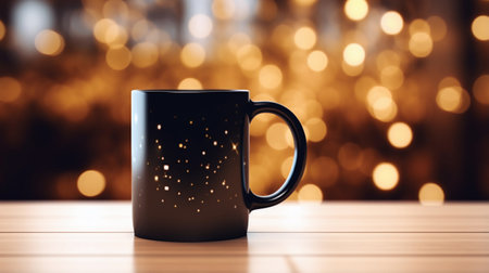 Black Mug Mockup Against the Background of Blurred Lightsの素材