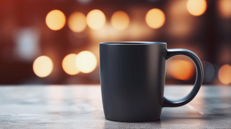 Black Mug Mockup Against the Background of Blurred Lightsの素材