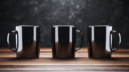 Three Black Mugs Mockup Against the Background of Blurred Lightsの素材