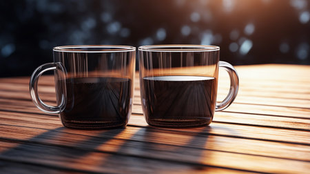 Two Glass Black Mugs Mockup Against the Background of Blurred Lightsの素材