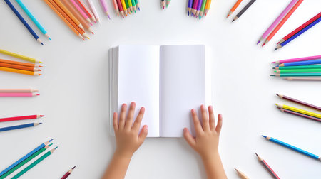 Close-Up of Childrens Hands with Coloring Book and Pencils Aroundの素材