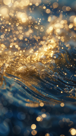 Turquoise Blue with Gold Lights Abstract Water Background. Liquid artistic pattern. Summer ocean or sea surface.の素材