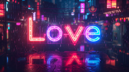 Love Colorful Neon Lettering Cyberpunk Style. Banner illustration for Valentine's Day.の素材