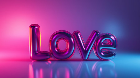 Love Rose Gold Foil Balloon Lettering on Gradient Background. Banner illustration for Valentine's Day.の素材