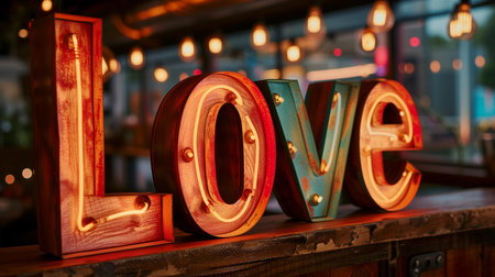 Love Colorful Neon Lettering Retro Style. Banner illustration for Valentine's Day.の素材