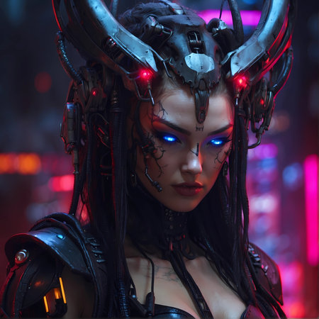 Epic Cyberpunk Woman Demon Sci-Fi Character. Night light city bokeh on background. Retro wave vivid colors.の素材