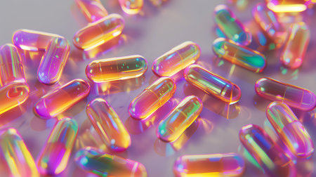 Medical Capsules Made of Iridescent Material. 3d hyper realistic background illustration.の素材