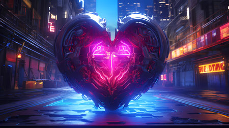 Cyberpunk Retro Futuristic Heart. Blurred background with neon lights. Suitable for Valentine's Day romantic designs.の素材