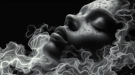 Close Up Face of a Young Beautiful Woman with Smoke Effect. Suitable for websites, blogs or publications related to women's lifestyle, beauty or fashion. Isolated on black background.の素材
