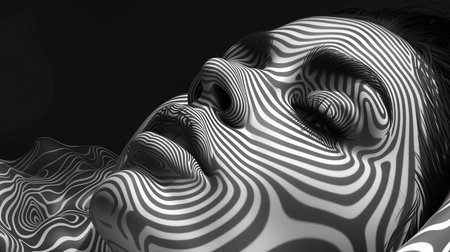 Close Up Face of a Young Beautiful Woman with Smoke and Topographic Effect. Suitable for websites, blogs or publications related to women's lifestyle, beauty or fashion. Isolated on black background.の素材