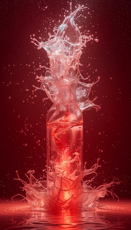 Vertical Glass Flask with Splash on Dark Red Background. Mysterious abstract composition.の素材