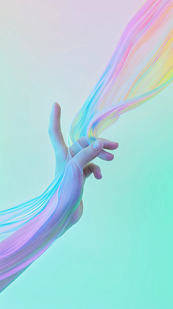 Hand Gently Touches Abstract Translucent Strings in a Holographic Color Schemeの素材