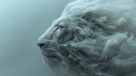 Close Up Beautiful White Lion with Floating Smoke Effectの素材