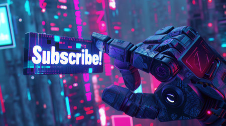 Futuristic Hand Pressing a Holographic Neon Button with the Inscription Subscribe.の素材