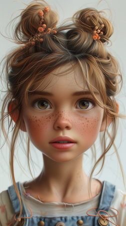 Close Up Face of a Young Girl in 3D Cartoon Style Looking at the Cameraの素材