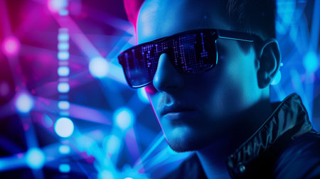 Hacker Programmer in Front of a Computer Screen. The glasses reflect information from the screen. Dark night room and blue light.の素材