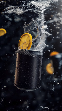 Black Drink Can with Liquid Splashes and Lemons Slices on Dark Background. Vertical ads banner.の素材