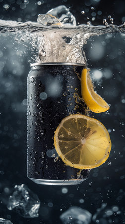 Black Drink Can with Liquid Splashes and Lemons Slices on Dark Background. Vertical ads banner.の素材