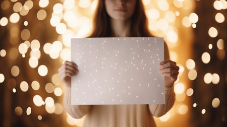 Adult Woman Shows a White Sheet of Paper on a Blurred Backgroundの素材