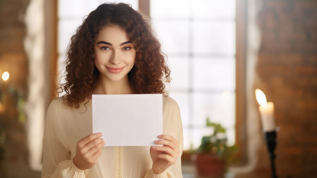 Adult Woman Shows a White Sheet of Paper on a Blurred Backgroundの素材