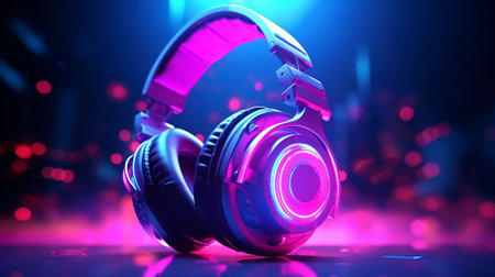 Colorful Neon Headphones on Abstract Backgroundの素材