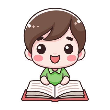 Childrens Book Icon with Cute Boy in Cartoon Styleのイラスト素材