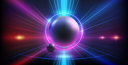 Black Sphere on Abstract Red and Blue Neon Background with Bright Ray Haloのイラスト素材