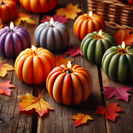 Halloween Background with Pumpkins and Burning Candlesの素材