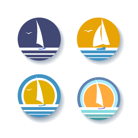 Sun and Boat in Ocean set. Sailboat and Sea icon set. Vector isolated on whiteのイラスト素材