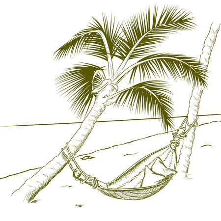 Summer Palm and Hammock line sketch drawingのイラスト素材