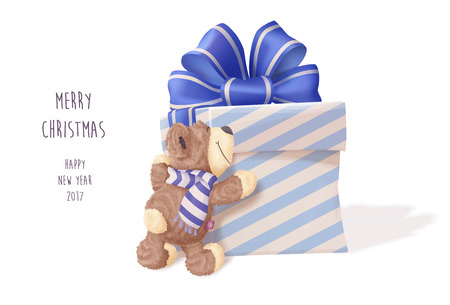 Teddy Bear hugging big gift. Merry Christmas and happy new year 2017 vector illustration. Big realistic box with blue bow.のイラスト素材
