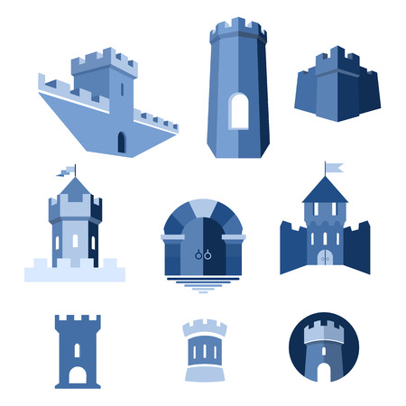 Castle tower, turret, kingdom fortress and castle gate vector iconのイラスト素材