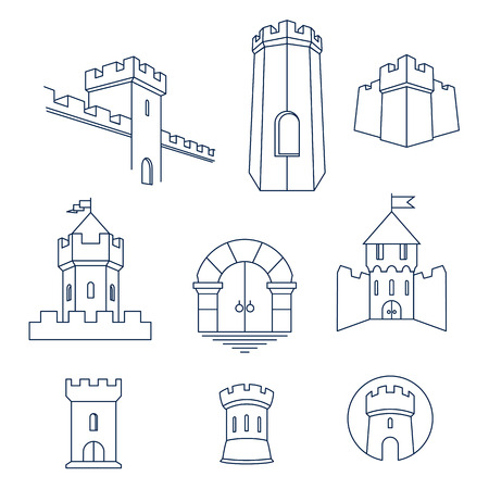 Castle tower, turret, kingdom fortress and castle gate vector line art icon setのイラスト素材