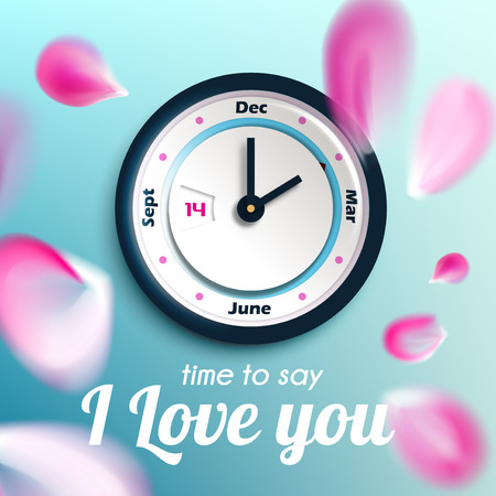 Time to say I love you ? valentine day concept vector design. Falling pink petals and wall clock with calendar clock face.のイラスト素材