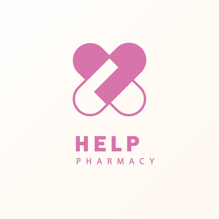 Charity vector icon with crossing hearts. Pharmacy logotype concept with pills silhouette.のイラスト素材