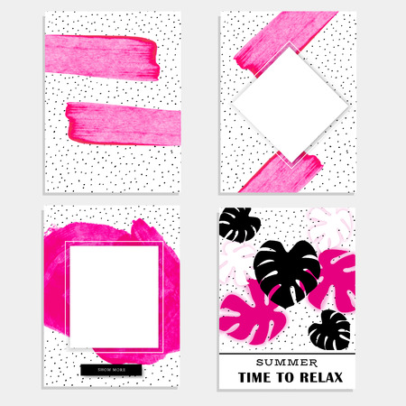 Collection of pink colored web banners with paint brush smear, white frame and monstera  leaves. Flyer templates, typography poster, invitation card design. Springtime or summertime vector illustration EPS10.のイラスト素材